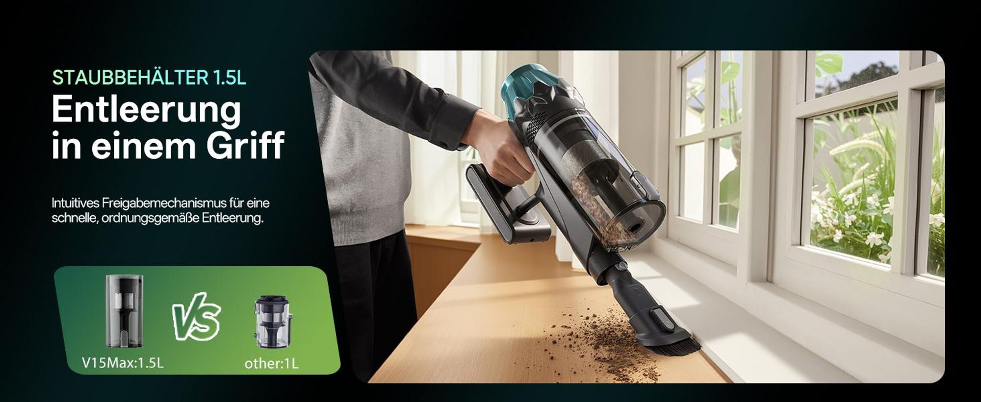 Vactidy V15 MAX Akku Staubsauger mit Wischfunktion, 76KPa/ 600W/65Min Staubsauger Kabellos, Knickrohr, Wandladestation, GreenEye