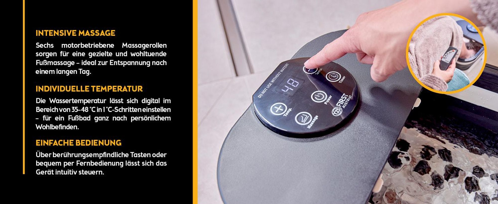 TZS First Austria - Fußsprudelbad 500W - 6 Massagerollen & Heizfunktion - LED-Display, Fernbedienung, Timer