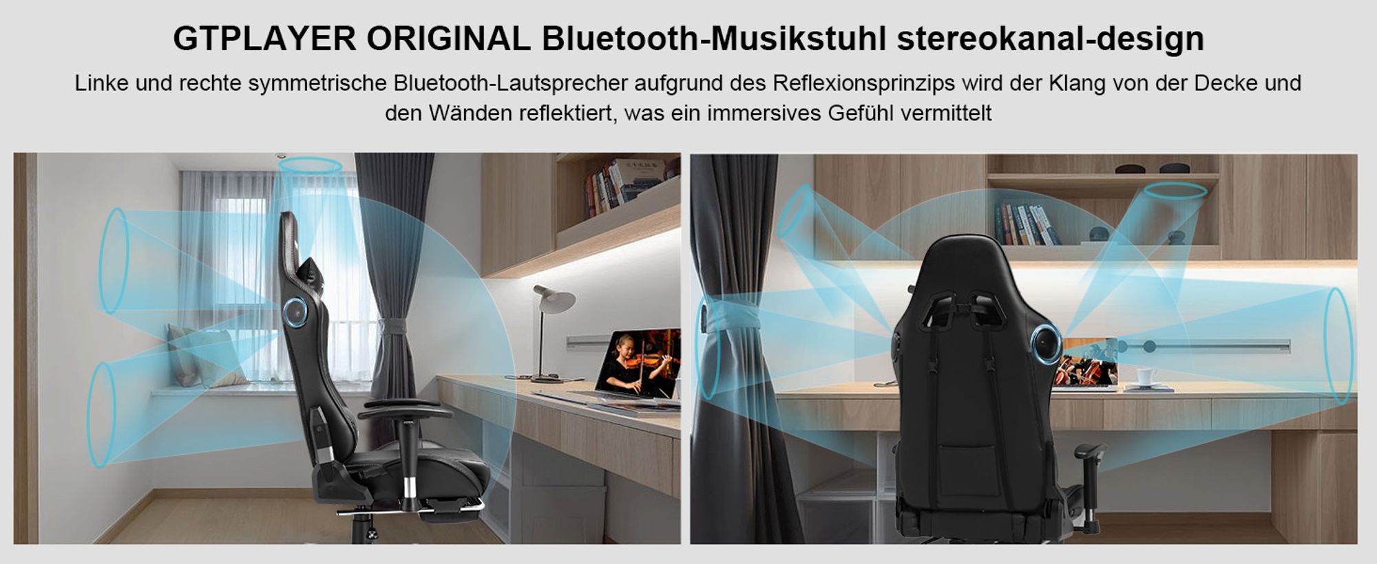 GTPLAYER Gaming Stuhl Mit Fußstützen Bluetooth Lautsprecher Musik Stuhl Ergonomischer Computerstuhl Schreibtischstuhl Gamer Stuhl schwarz
