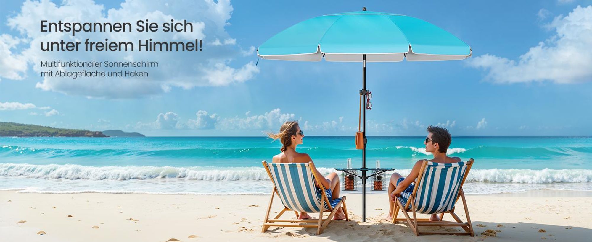SONGMICS Sonnenschirm ∅200 cm, Strandschirm, Sonnenschutz UPF 50+, Ablagefläche