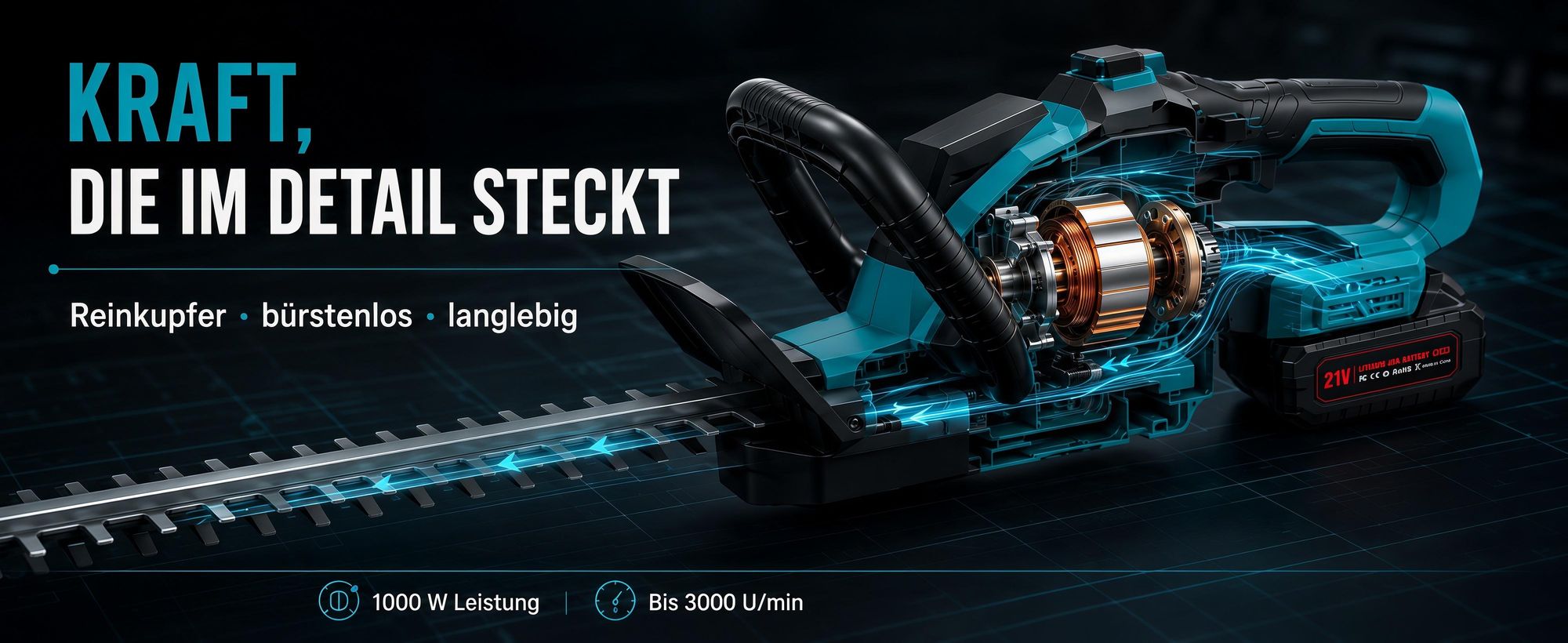 Akku Heckenschere, 21" Klingen Heckenschere mit 2 × 4000mAh Akkus, 3000RPM, bürstenloser motor,180° drehbarer Kopf,Doppelter Sicherheitsschalter,Blau
