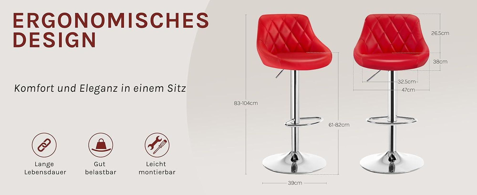 WOLTU 1er Set Barhocker Barstuhl leichte reinige Kunstleder, Gute gepolsterte Sitzfläche, Höhenverstellbar 360° Drehbar, Farbwahl, Rot