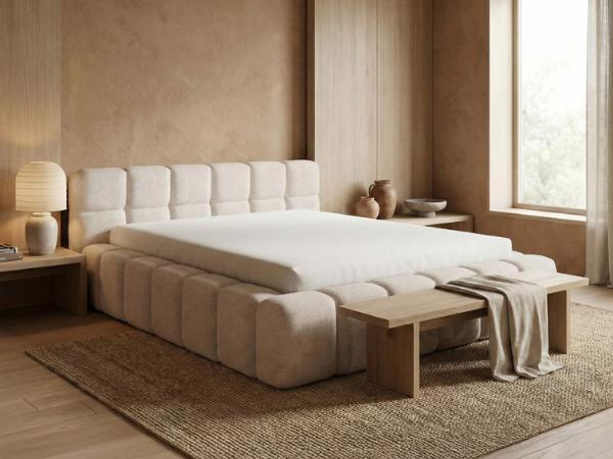 Lit rembourré 140×200 cm NUBO PREMIUM avec coffre de rangement et tête de lit capitonnée, lit nuage, tissu beige Perfect Harmony 02