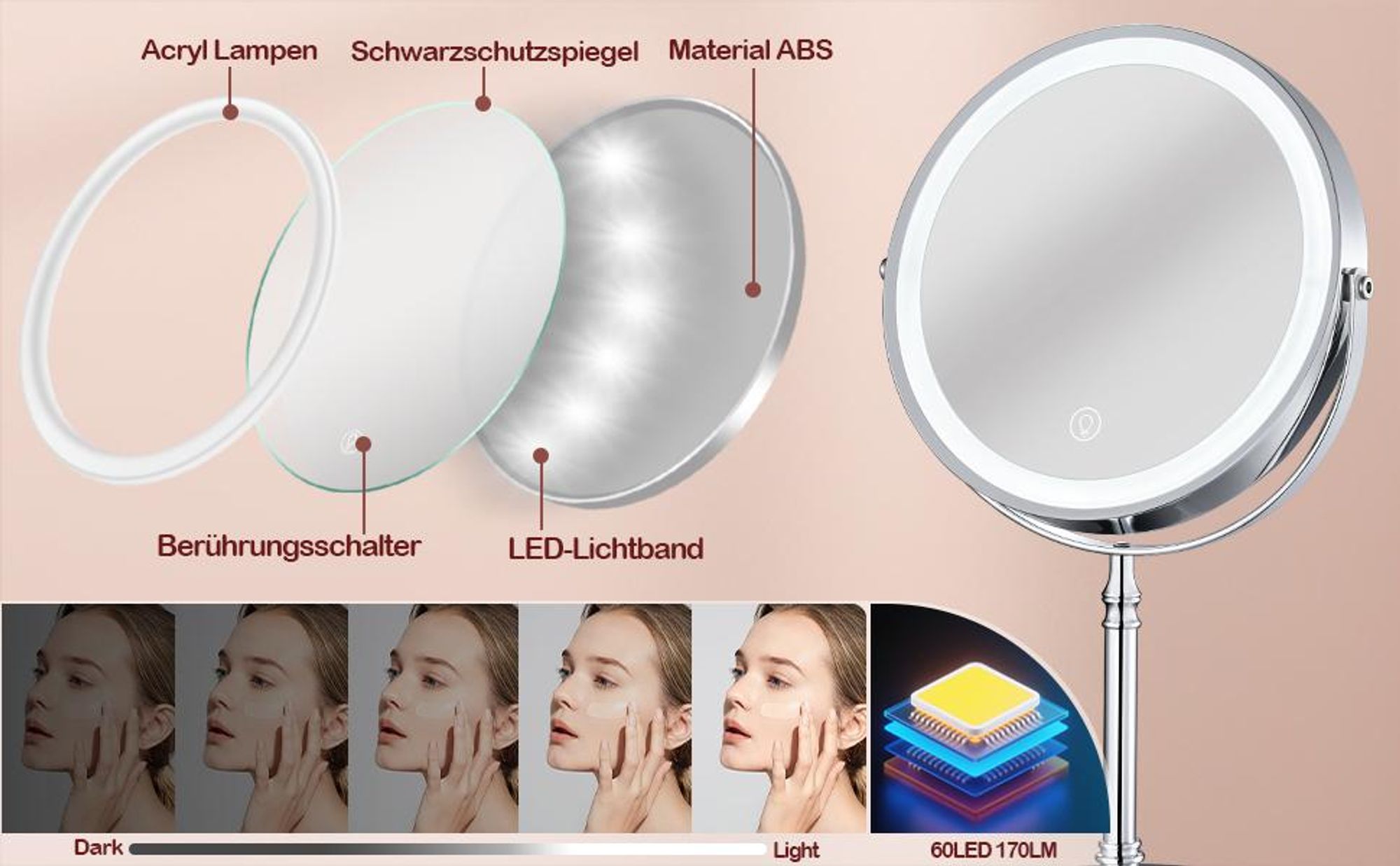 Kosmetikspiegel, Schminkspiegel, Tischspiegel, Schminkspiegel, Rasierspiegel, mit LED Licht, 10X Vergrößerung, Licht Doppelseitiger, 360 Drehbarer