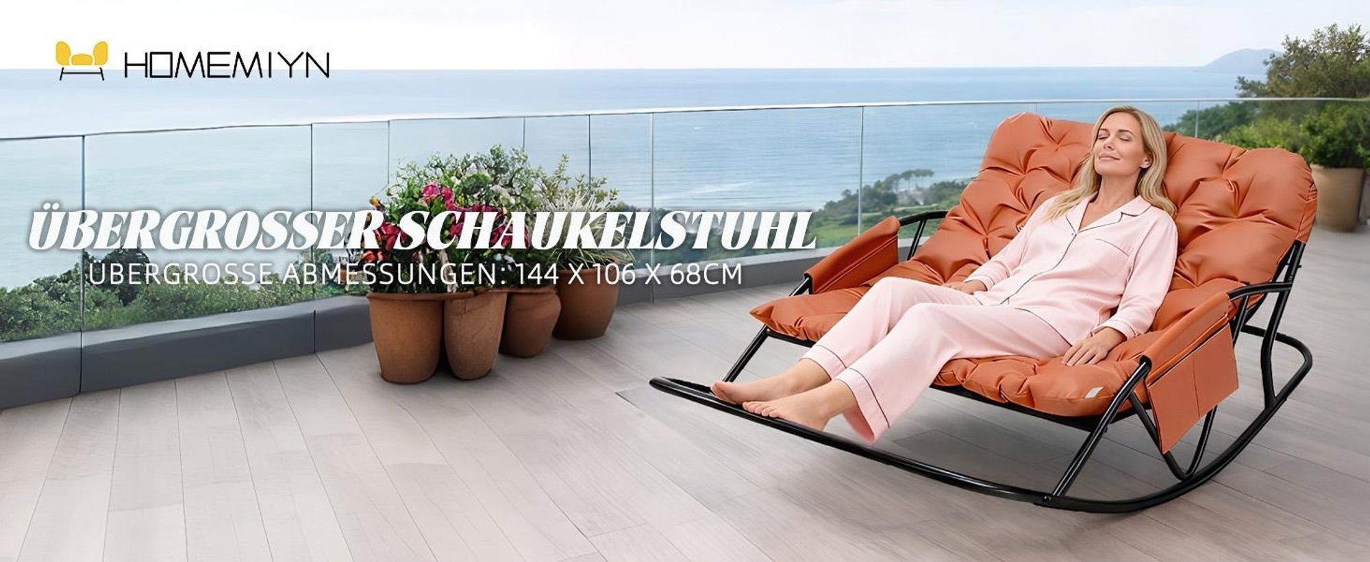 Outdoor-Papasan-Schaukelstuhl für zwei Personen mit Kissen und Fußhocker, für Schlafzimmer, Salon, Terrasse, Garten, Balkon, 240 kg, technischer Stoff