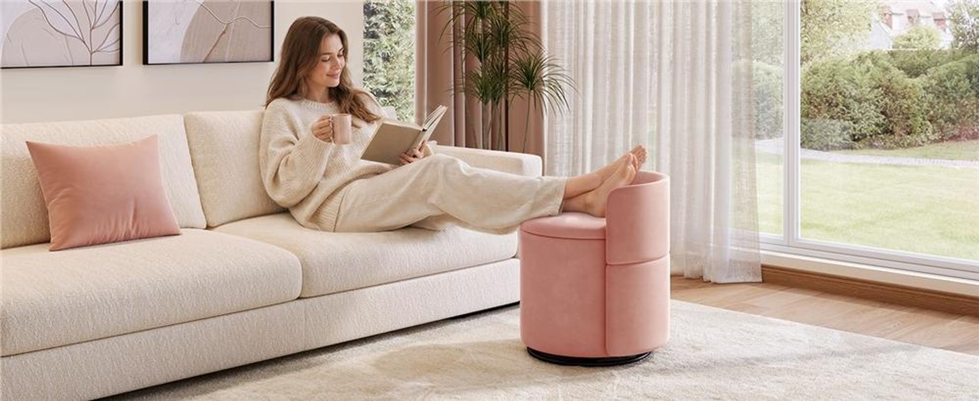 Yaheetech Drehbarer Sitzhocker mit Stauraum 40 L, gepolsterter Schminkhocker, Hocker für Schminktisch, aus Samtbezug, bis 136 kg, Rosa