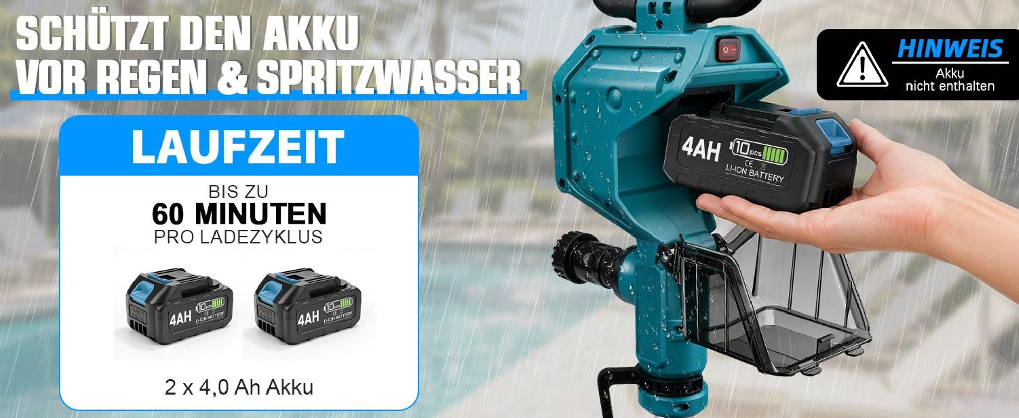 3600 L/h Akku Regenfasspumpe mit 2×4,0Ah 10m Förderhöhe Kabellose Stab-Transferpumpe Gartensprühdüse Wasserpumpe für Pool/Garten/Teich/Wohnmobil/Boot