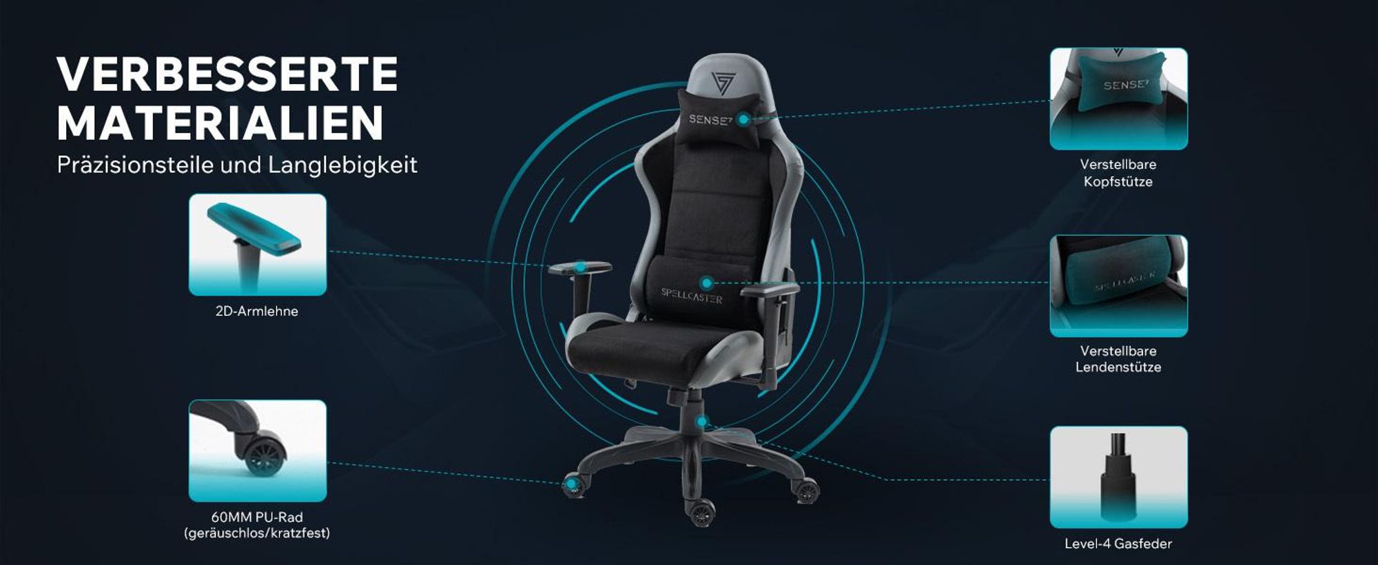 Sense7 Spellcaster FUKU Gamingstuhl, Gaming Sessel, Bürostuhl, Ergonomisch Schreibtischstuhl, Drehstuhl mit Kopfstützen bis zu 120 kg, Stoff, Schwarz