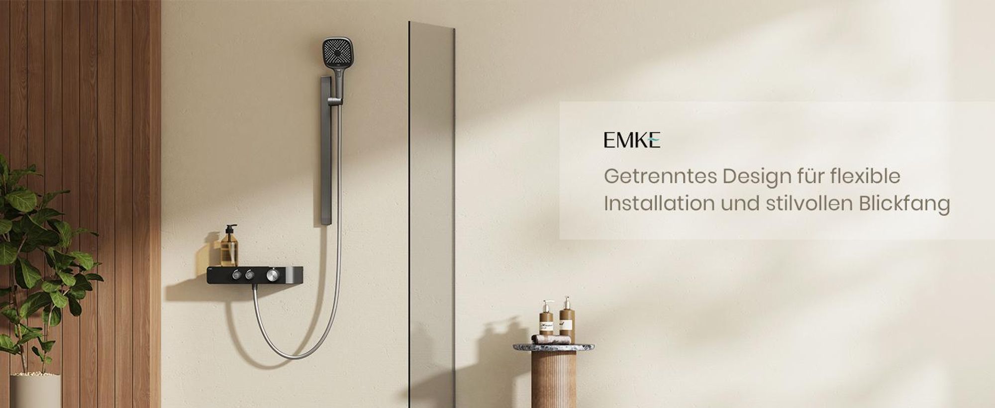 EMKE Duschsystem mit Thermostat geteilt Matt Anthrazit höhenverstellbar Duschstange 3 Strahlarten Handbrause Wasserfluss einstellen Flexibler Montage