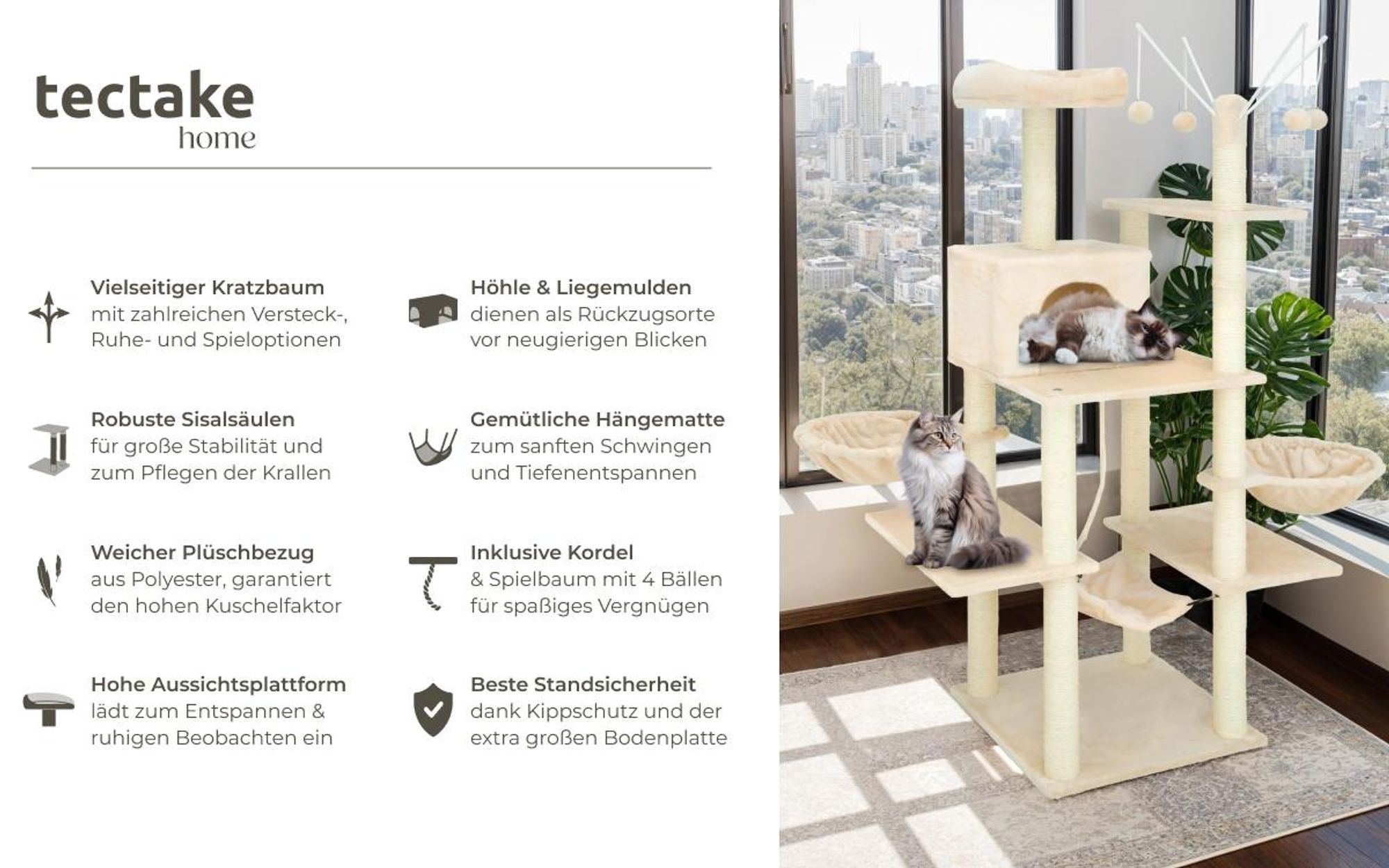 tectake® Kratzbaum Lilou 165 cm inklusive 4 Spielbällen, Kordel und Kippschutz