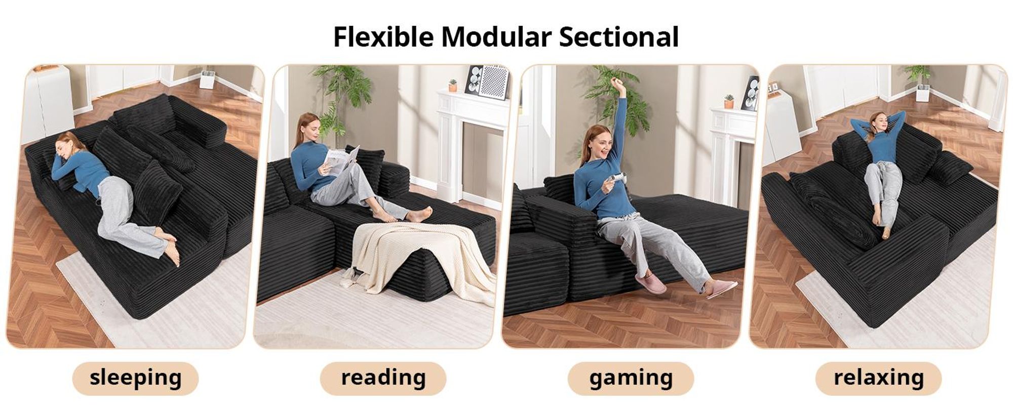COMHOMASofa Divano grande, divano a L, divano angolare, divano letto chaise longue con seduta profonda e ampi braccioli, tessuto a coste, nero-L
