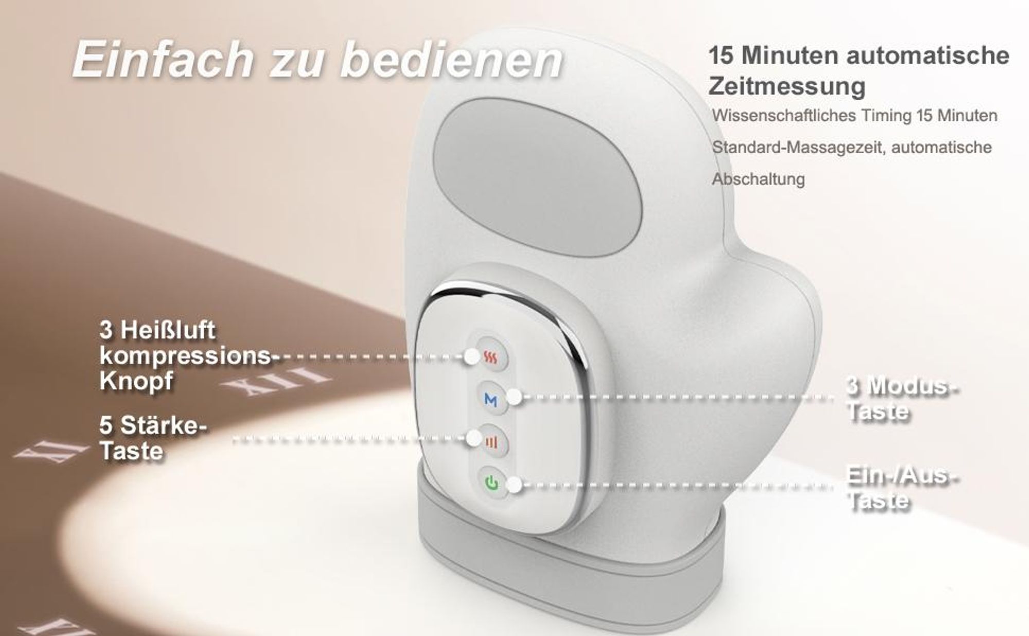 Intelligentes Handmassagegerät mit Wärme- und Kompressionsfunktion 3 Massageprogramme, 4 Temperatureinstellungen, 5 Kompressionsmuster Therapeutische
