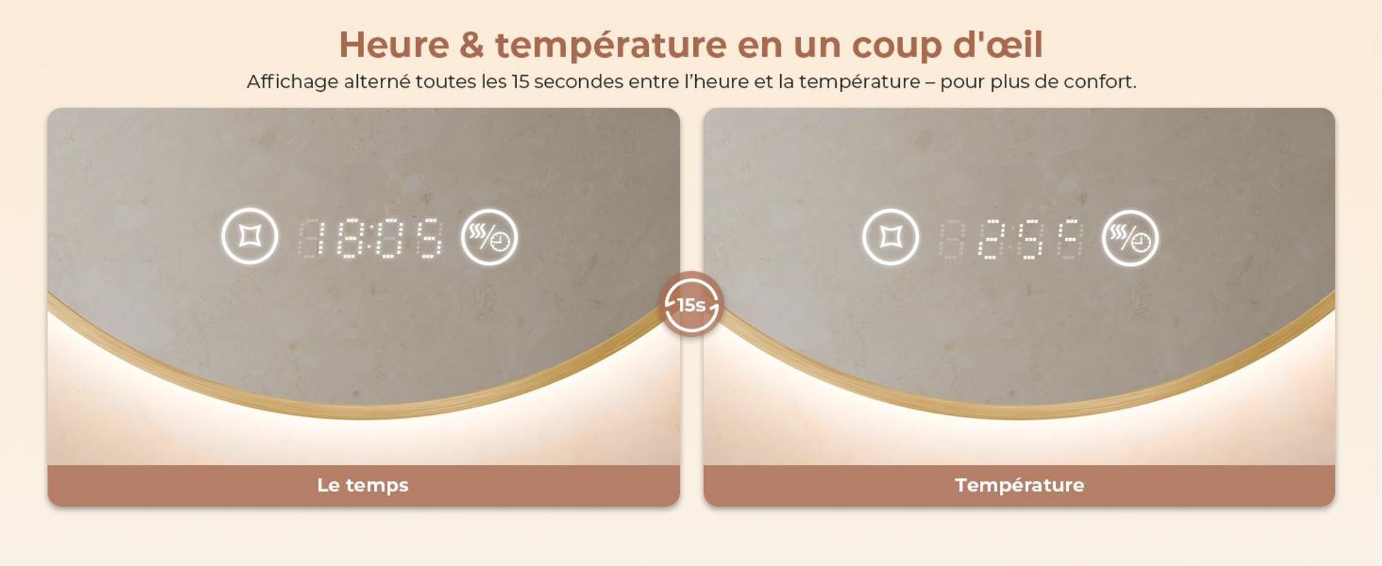 S'AFIELINA miroir salle de bain LED 60 cm rond, tactile, anti-buée, variateur, horloge, température, mémoire, bordure dorée.
