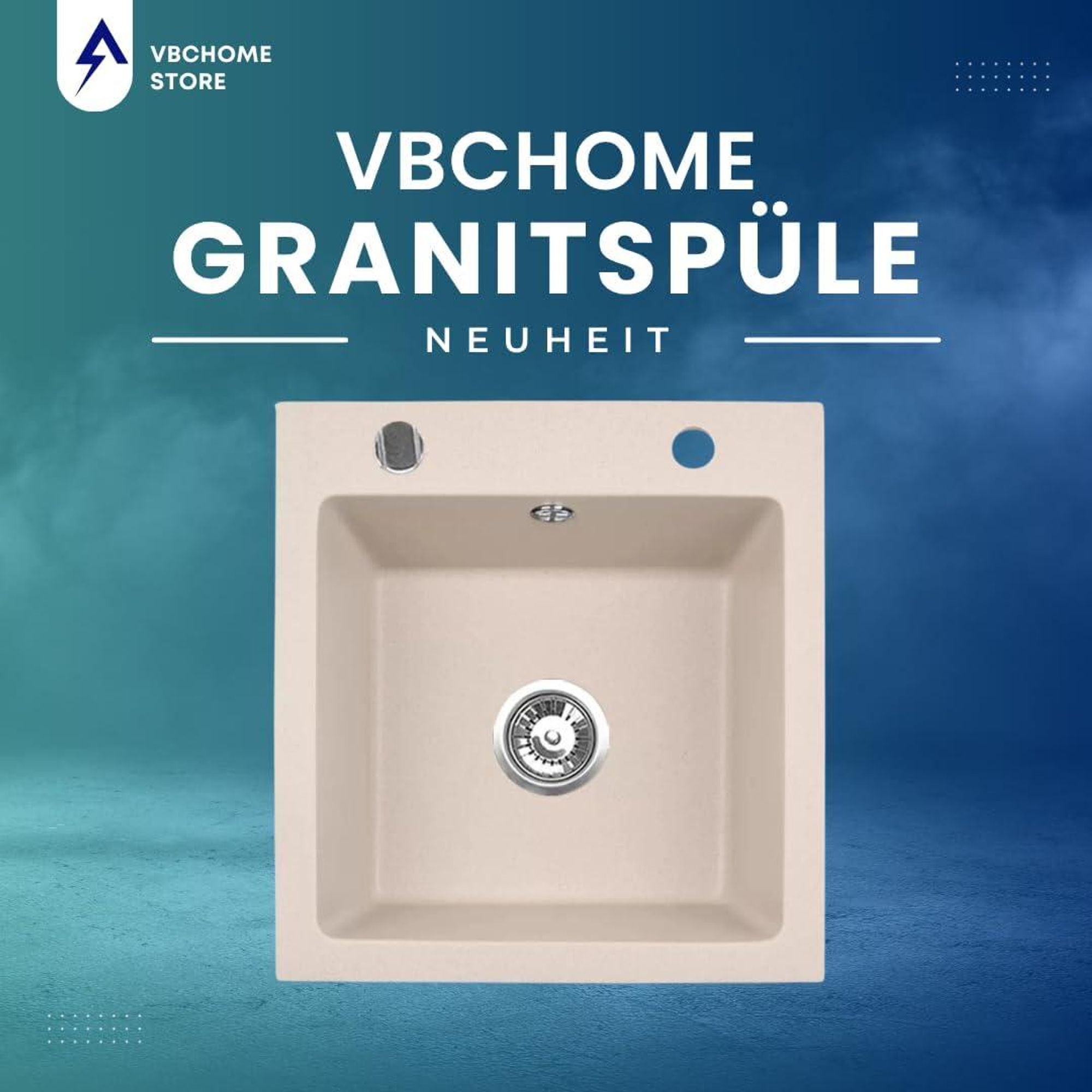 VBChome Granitspüle 50 x 48 cm Beige mit Armatur Einzelbecken Einbauspüle Gesprenkelt Pflegeleichtes Spülbecken mit Siphon Ideal für kleine Küchen
