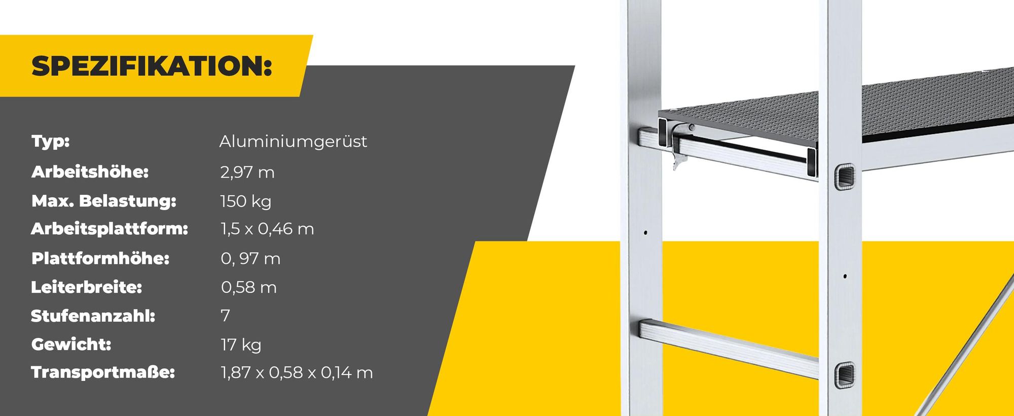 Drabest | Aluminiumgerüst - Aluminiumgerüst 2X7 - Leitergerüst - Tragfähigkeit der Plattform: 150 kg - Abmessungen der Plattform 46X150 CM