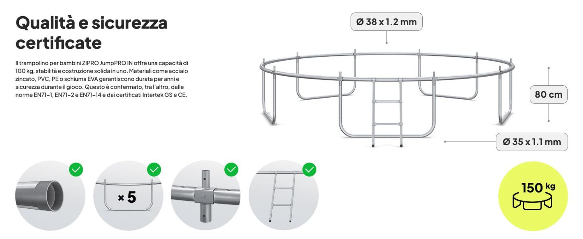 ZIPRO Trampolino Jump Pro IN | 12FT Ø 374 cm | Trampolino da giardino Trampolino per bambini Set completo incl. rete interna, scaletta e copertura perimetrale, per esterni, verde