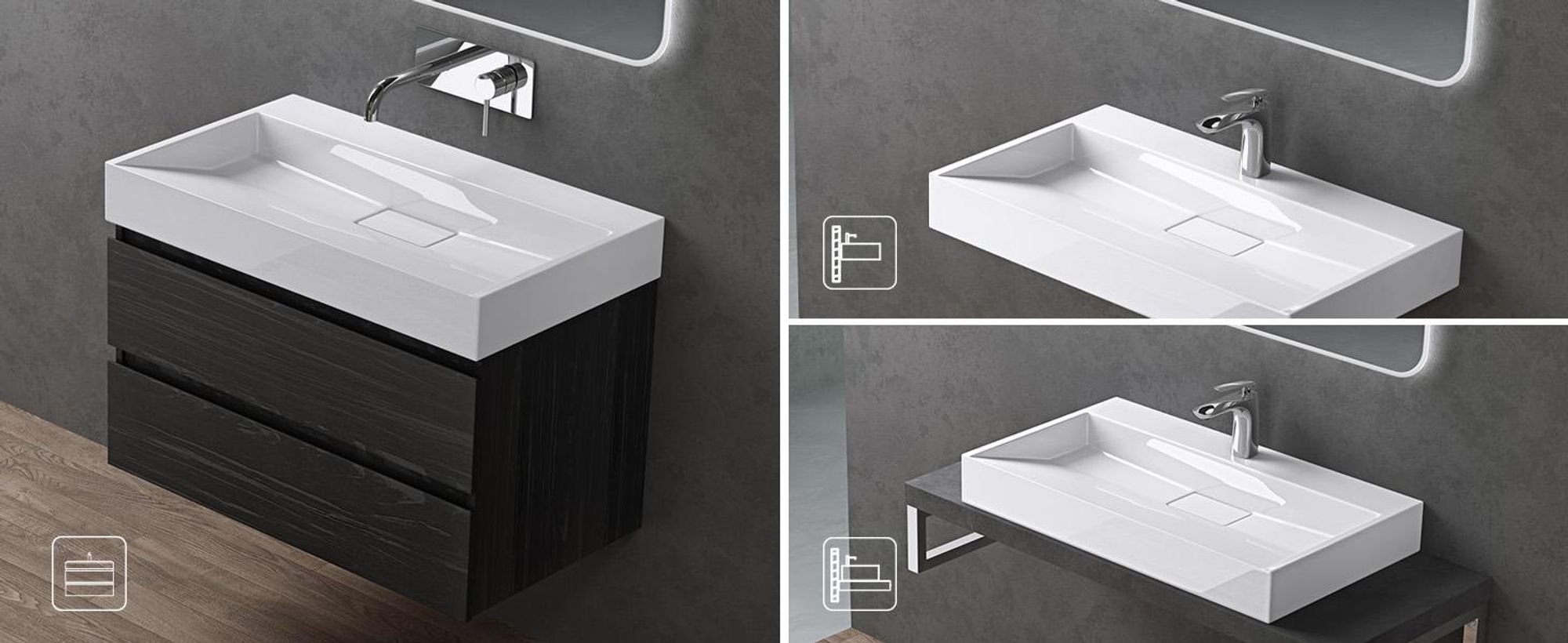 Installazione versatile Il lavabo può essere installato come lavabo da appoggio, sospeso o con mobile sottostante.