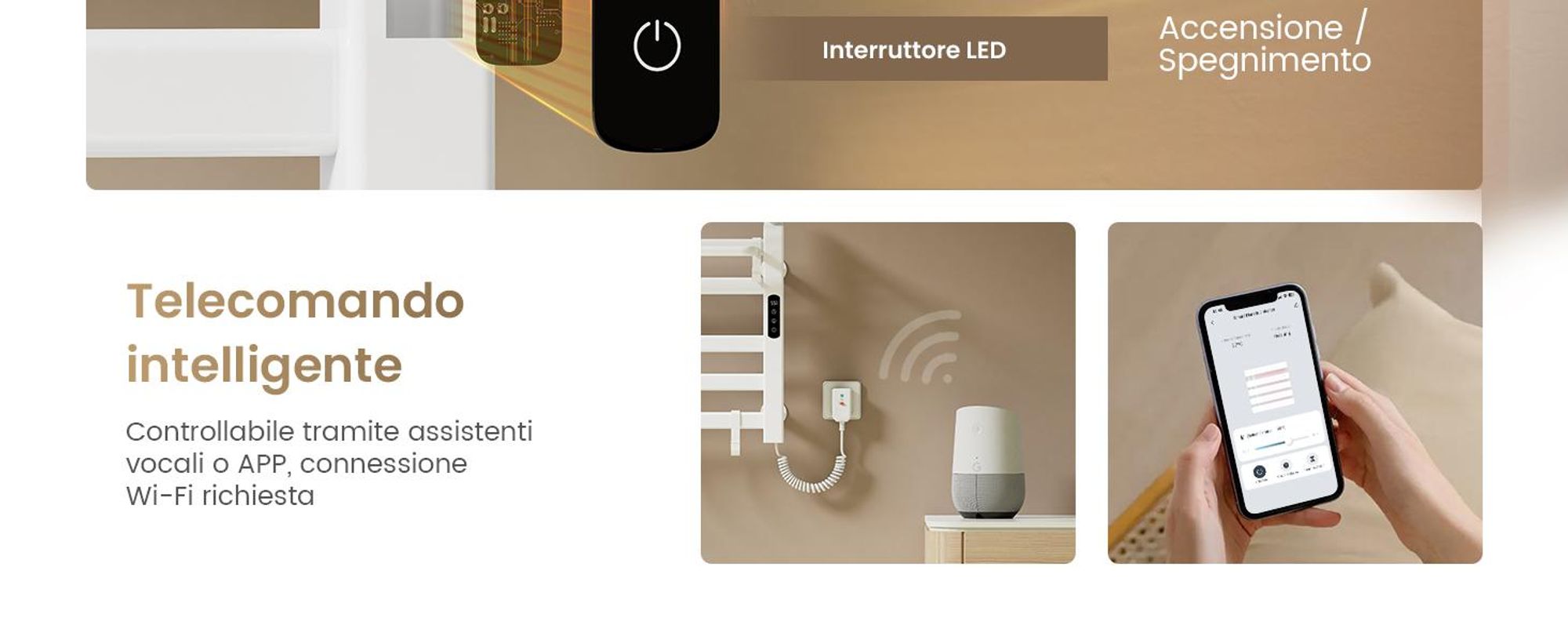 EMKE Scaldasalviette elettrico 500x500 mm, 140W, doppia fila, tubi piatti, ripiano e ganci, WiFi Tuya Alexa, bianco lucido