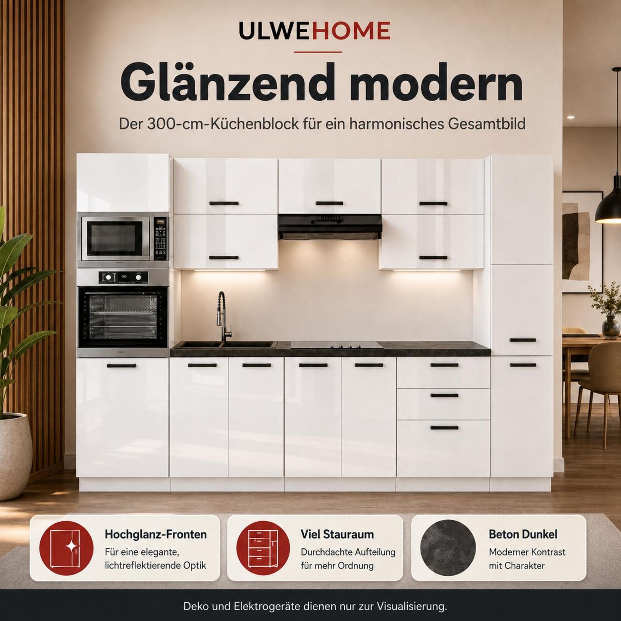 Moderne Küchenzeile 300 cm Weiß Hochglanz: Zeitloses Design mit Beton