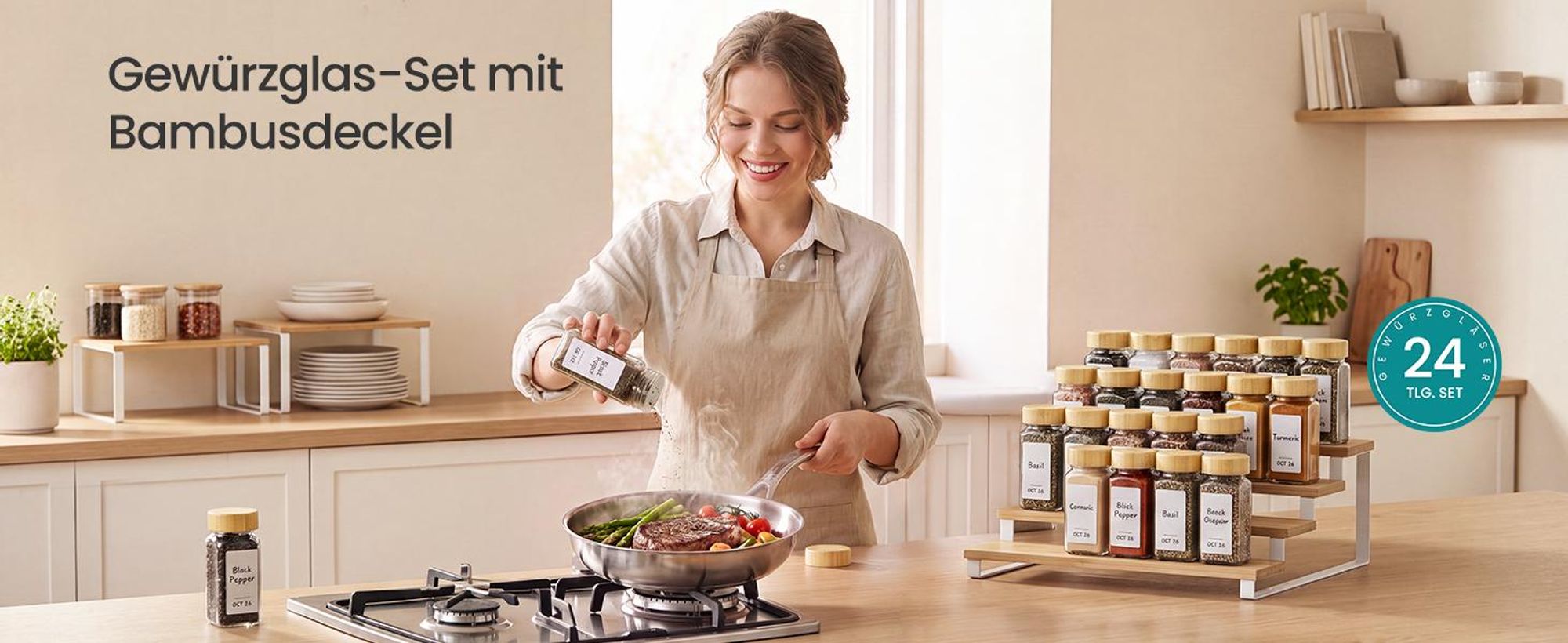 SONGMICS Gewürzgläser 24er Set, Eckige Gewürzdosen aus Glas, Luftdicht mit Etiketten, 120 ml, 4,5 x 4,5 x 10,5 cm, Naturbeige