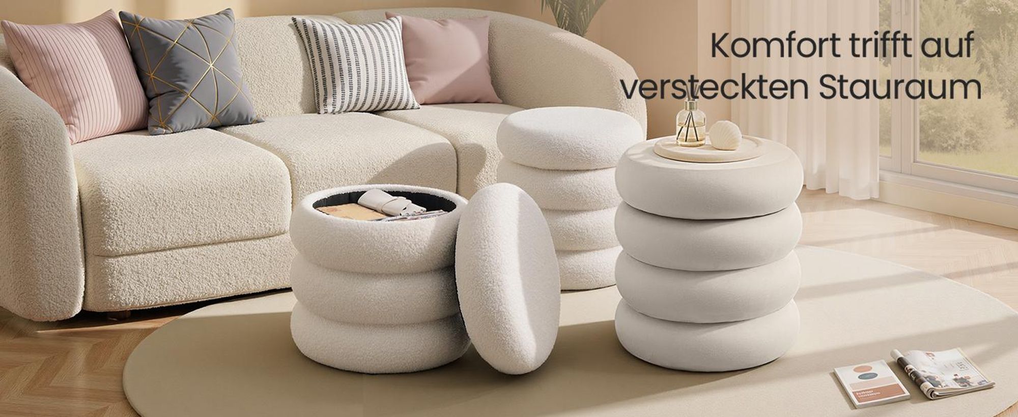 SONGMICS Schminktisch-Hocker mit Stauraum, runder Polsterhocker, abnehmbarer Deckel, Schlafzimmer, Samt, 43 x 47 cm, creme
