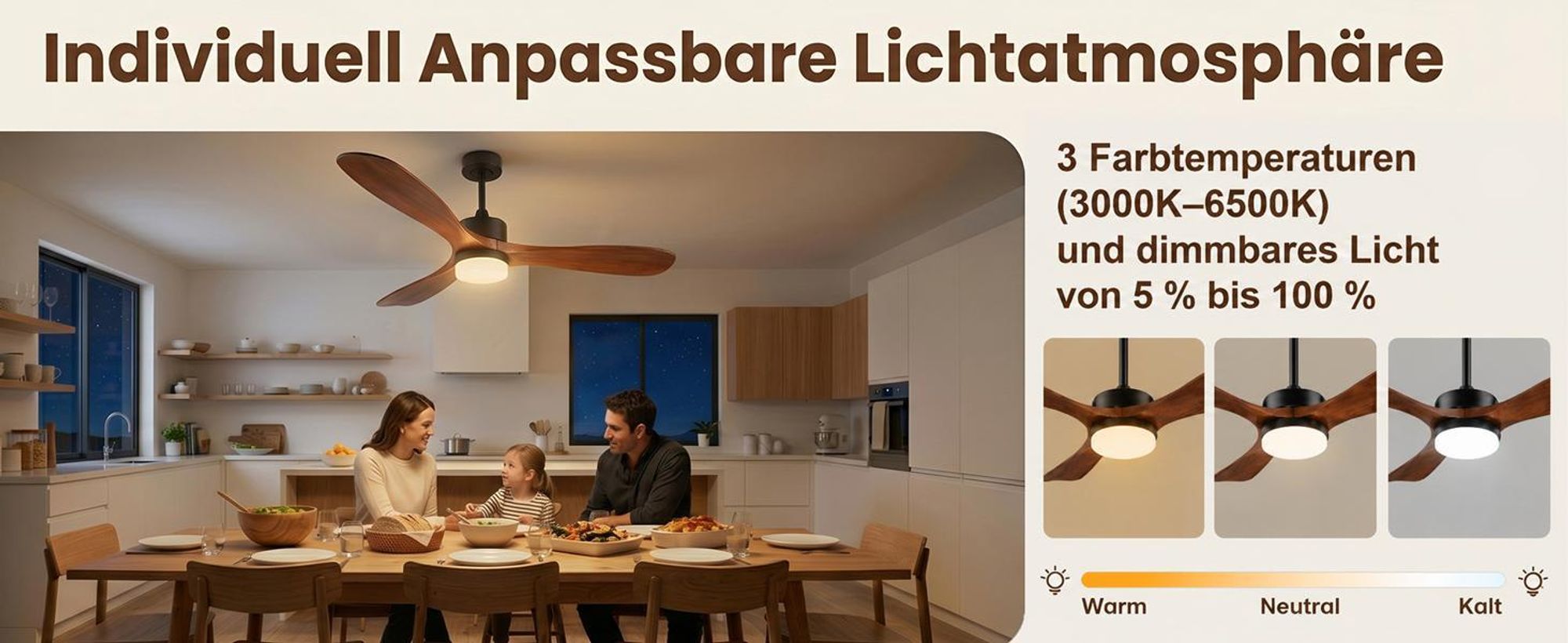 132cm Deckenventilator mit Beleuchtung, 3 Holz Flügeln, Reversible DC Motor, 3 Farbtemperatur Dimmbar, 6 Stufen, APP-Steuerung & Fernbedienung