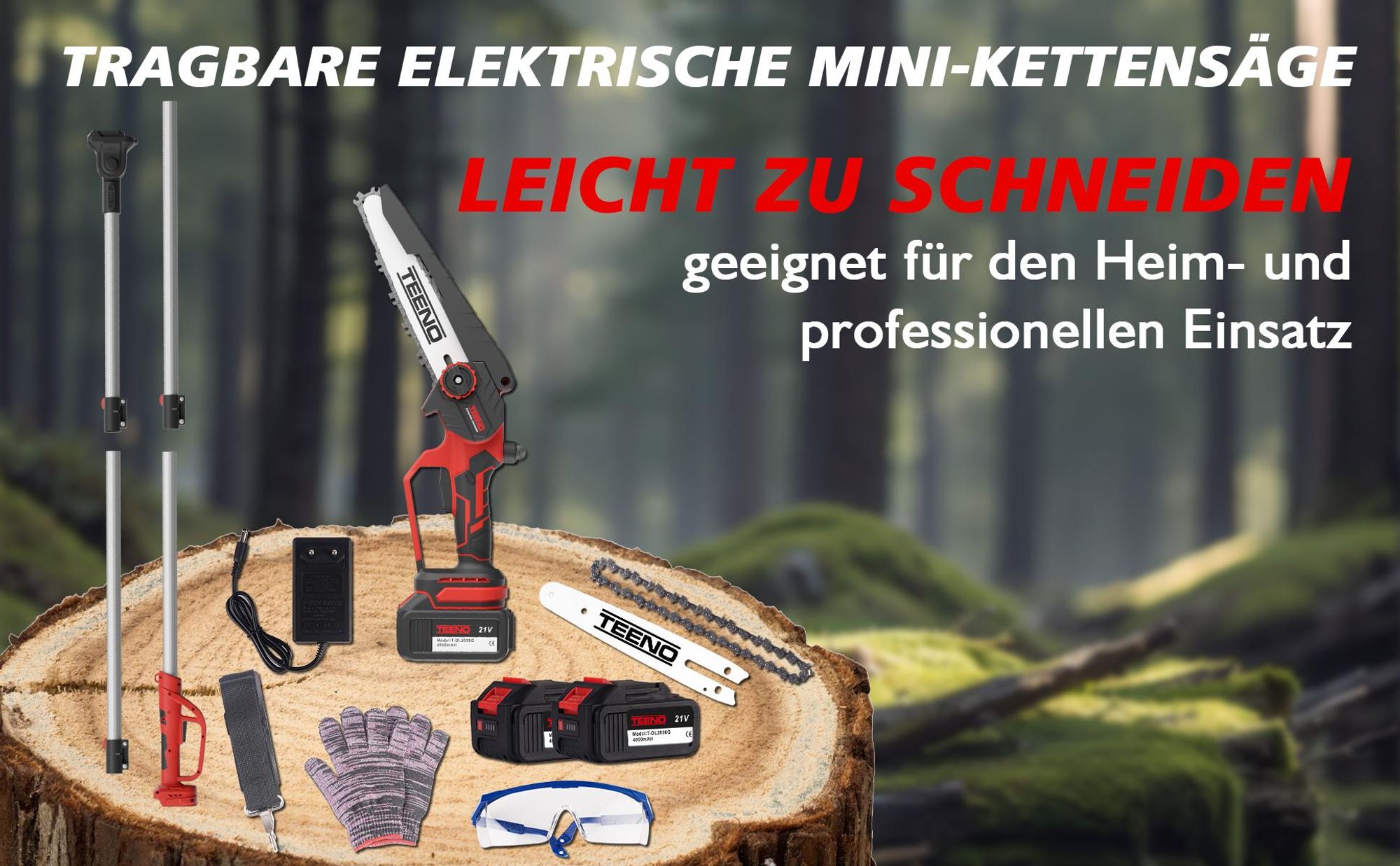 TEENO 2-in-1 Elektro-Kettensäge mit Teleskopstange, 2 Akkus 4000 mAh | 6 Zoll Kettensäge & Teleskop-Astschere, 180° verstellbarer Schneidkopf