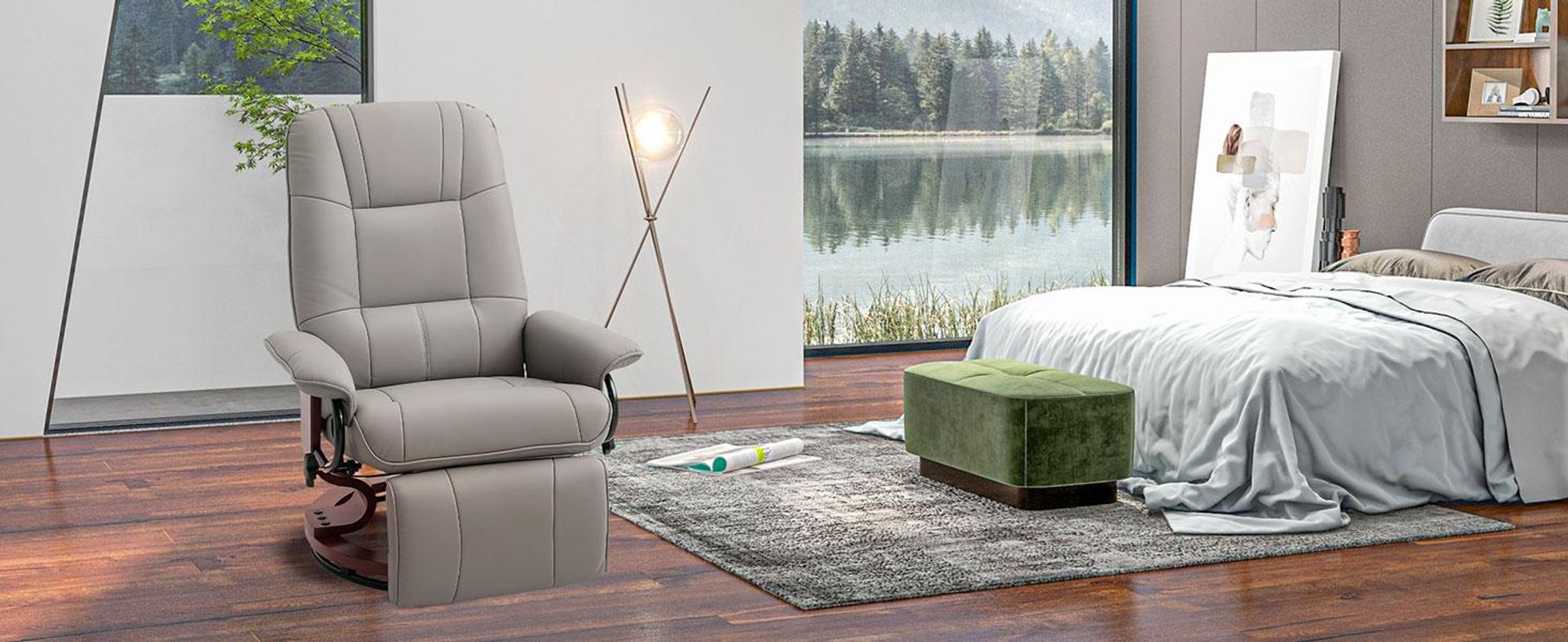 Fotel rozkładany HOMCOM z funkcją odchylania, obrotowy o 360°, z regulowanym oparciem i podnóżkiem, fotel rozkładany, fotel telewizyjny do salonu, sypialni, sztuczna skóra, szary