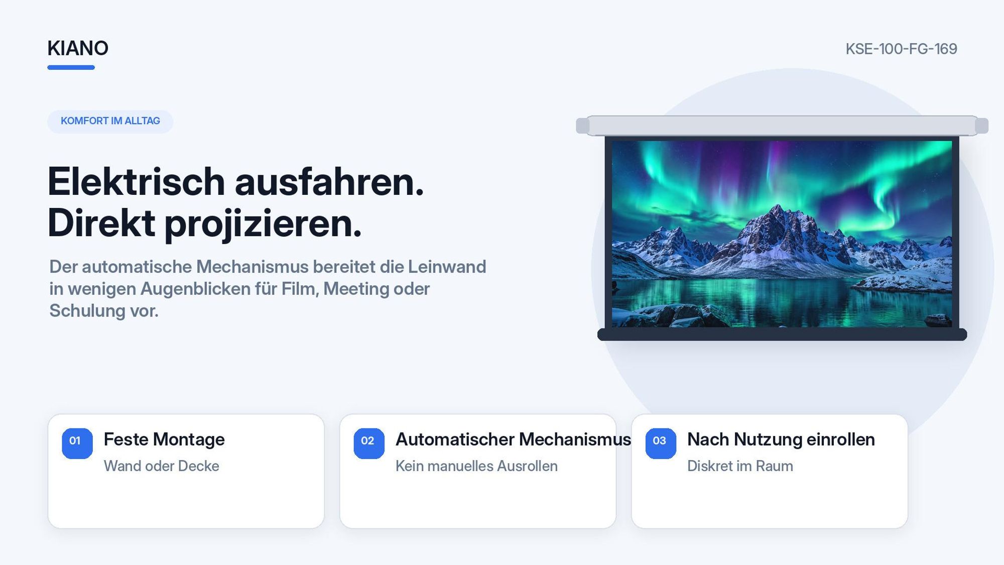Kiano Electric 100 Zoll Beamer-Leinwand 16:9 Fiberglass, elektrisch, für Wand und Decke, Heimkino, Büro und Präsentationen