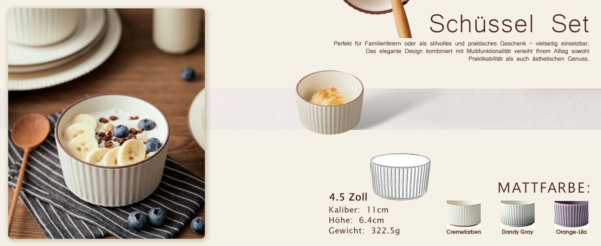 Schale set 4er Ø11 cm Keramik Müslischale Reisschalen Servierschale Schalen für 4 Personen Matt-Glasur Bowl Mikrowellen- und Spülmaschinenfest