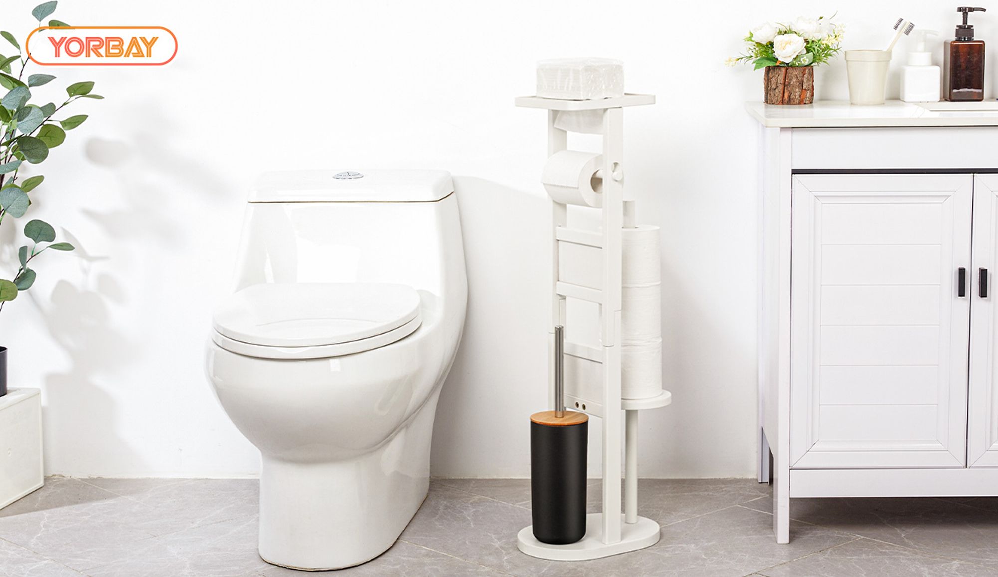 Yorbay Stand WC-Garnitur aus Bambus , mit Toilettenpapierhalter und WC-Bürstenhalter/Smartphone Ablage/Toilettenbürste/Klorollenhalter Weiß
