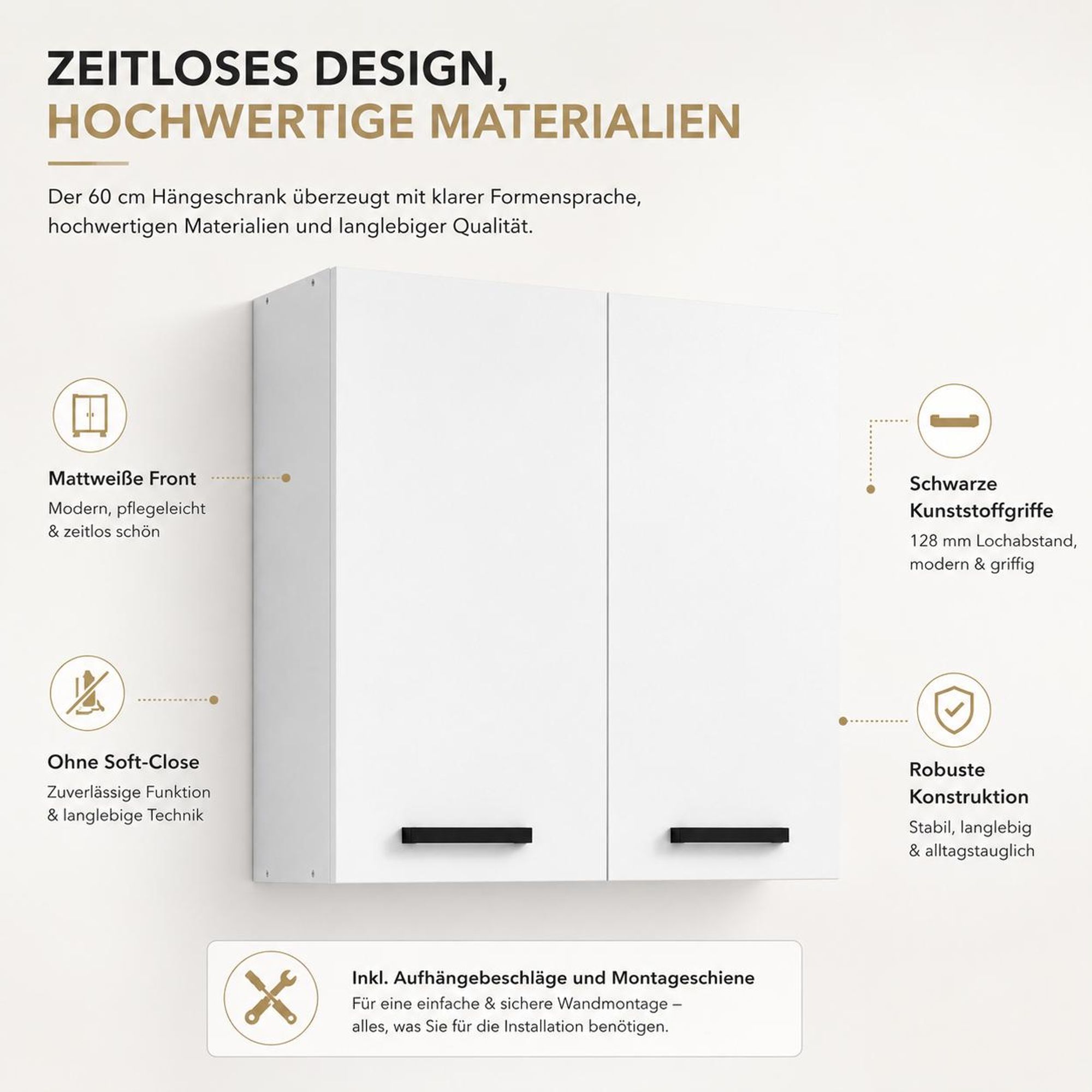 Küchen-Oberschrank 60 cm Weiß Matt mit 2 Türen, schwarzen Griffen & Wandmontage.