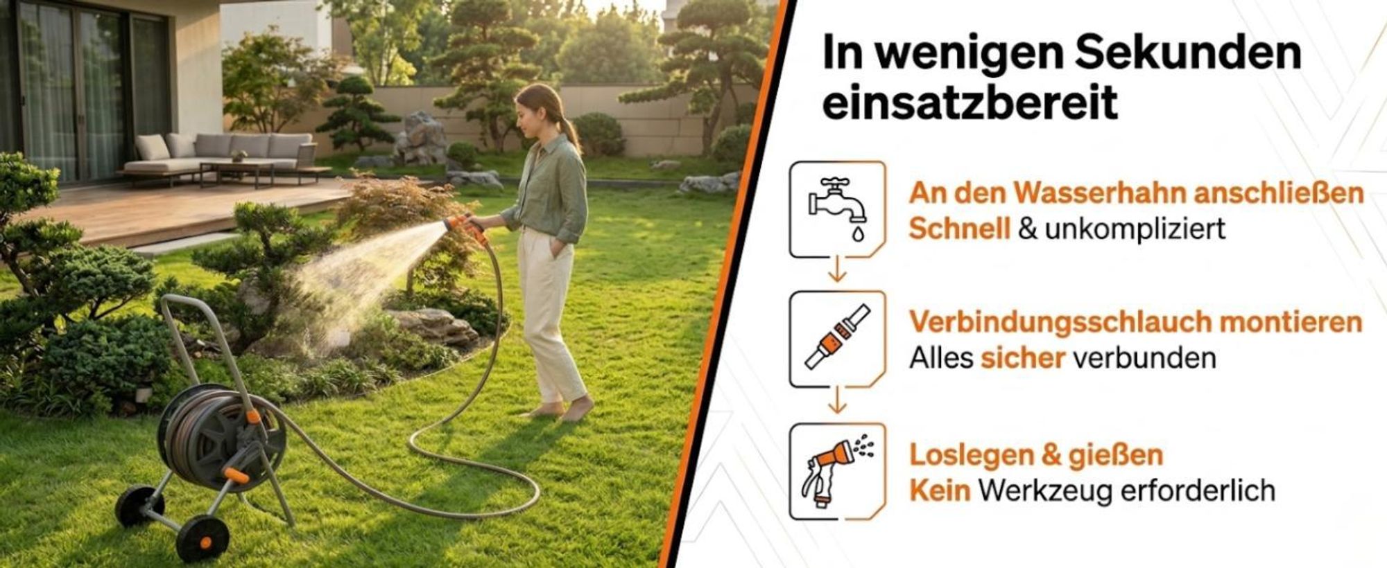 NEO TOOLS Mobiles Gartenbewässerungssystem Komplettset mit Schlauchwagen 30 m Gartenschlauch 1/2 Zoll und 6-Funktionen