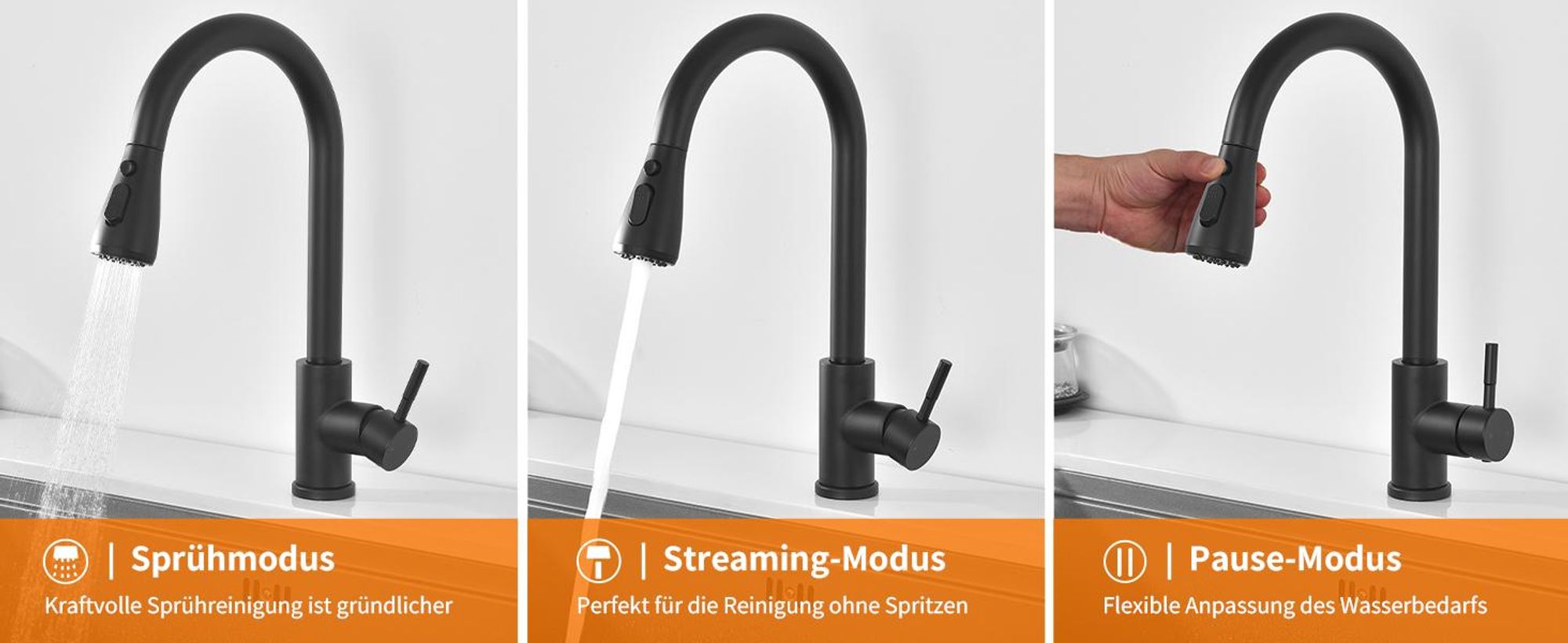 Homelody Schwarz Küchenarmatur Spültischarmatur mit Brause 35cm, Wasserhahn Küche Ausziehbar mit Zwei Wasserstrahlarten, 360°Schwenkbar, Edelstahl 304