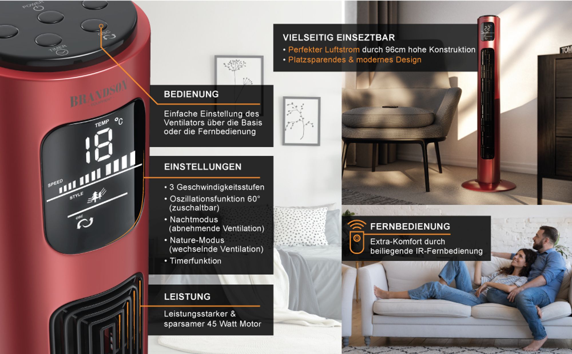 Roter Turmventilator mit Digitalanzeige, Fernbedienung und modernen Komfortfunktionen im Einsatz