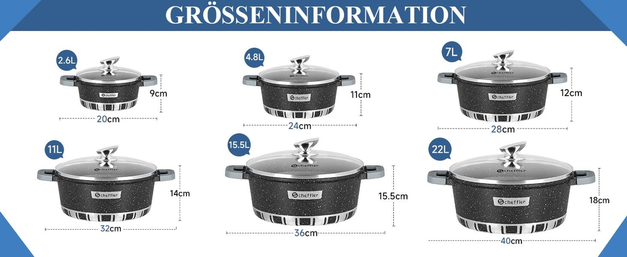 Topf Scheffler Topf Induktions Kochtopf mit Deckel, Antihaftbeschichtung, 20cm/2,6L Topf, für alle Herdarten, Aluminium-Kochtopf