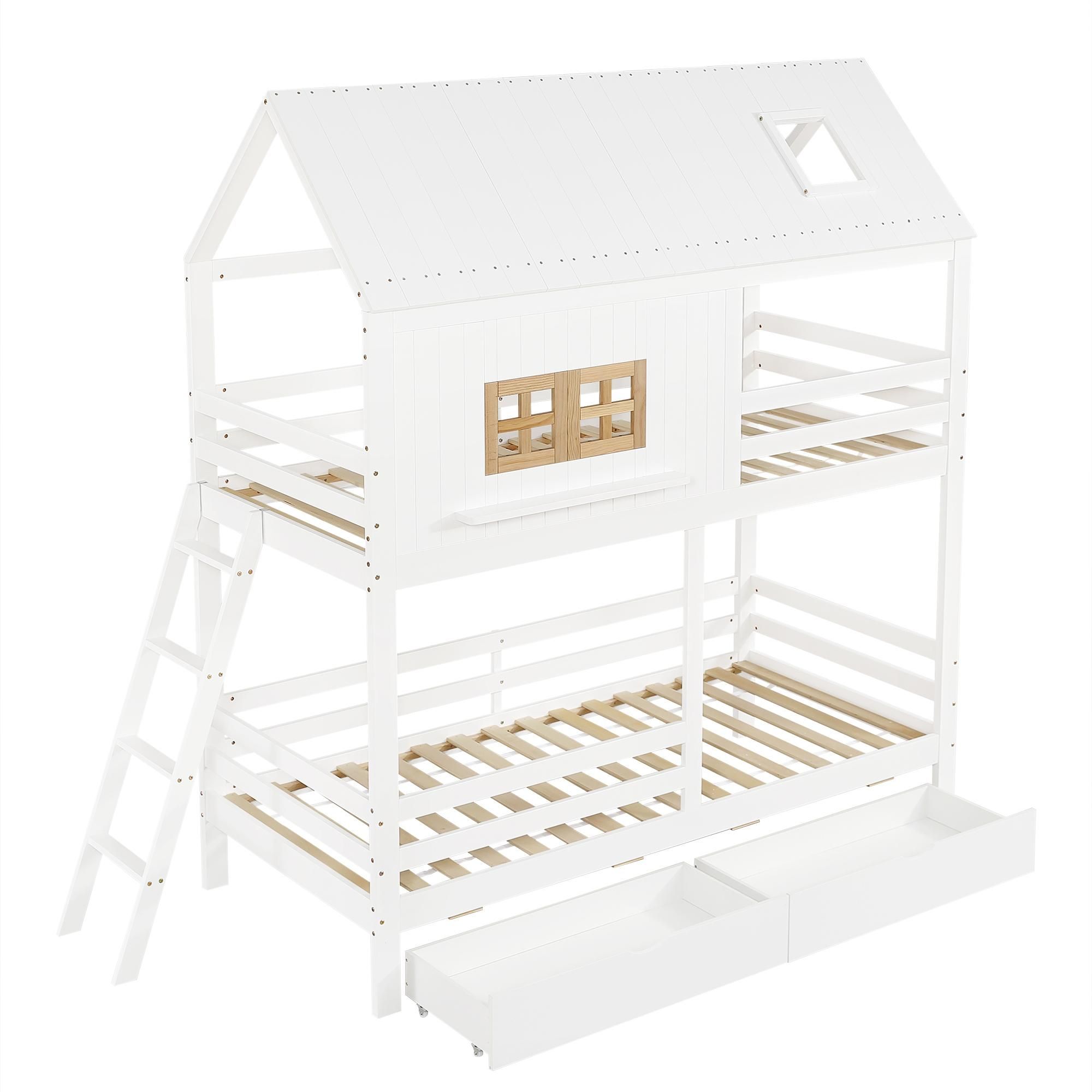 Flieks Etagenbett 90x200cm mit 2 Schubladen, Kinderbett Hausbett mit Fenster und Dach, Kinder Hochbett mit Leiter und Lattenrost für 2 Kinder, Weiß