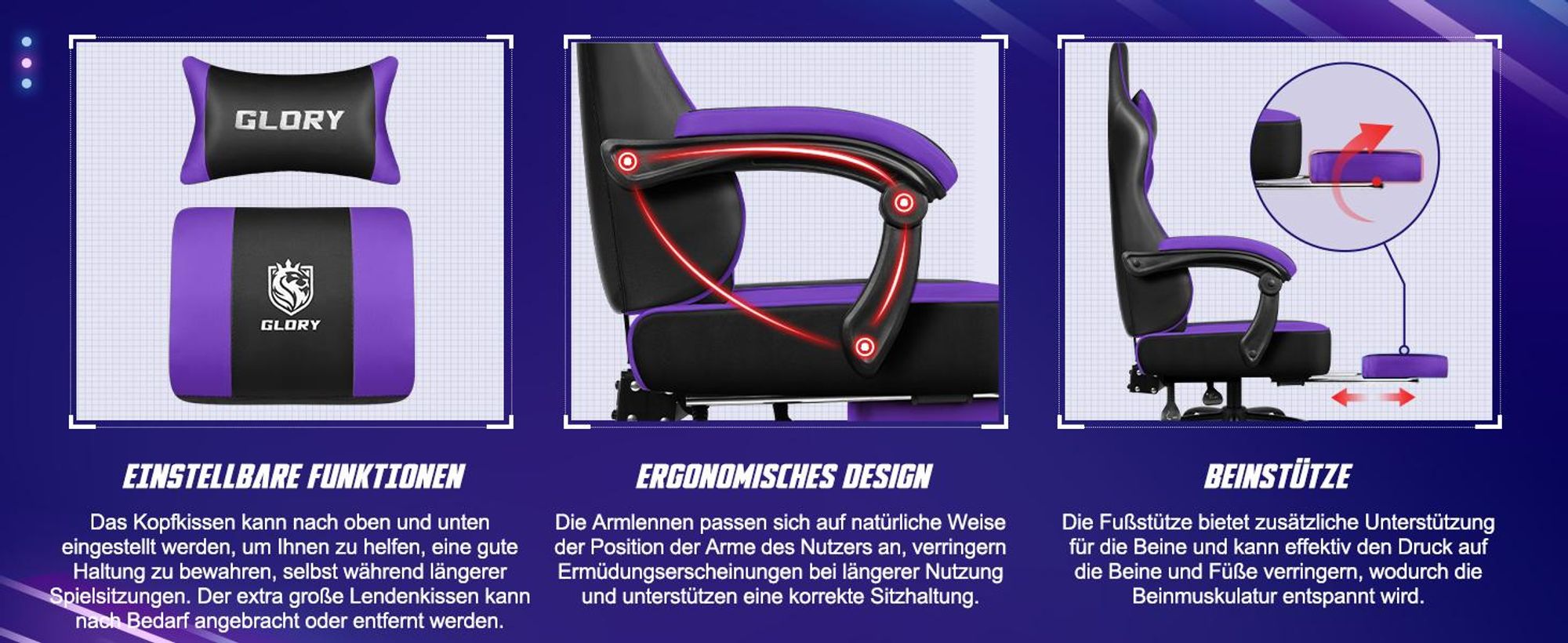 Adormii Gaming Stuhl Bürostuhl Schreibtischstuhl Ergonomischer Gaming Sessel mit Fußstütze und Lordosenstütze, Wippfunktion90°-170°, Lila