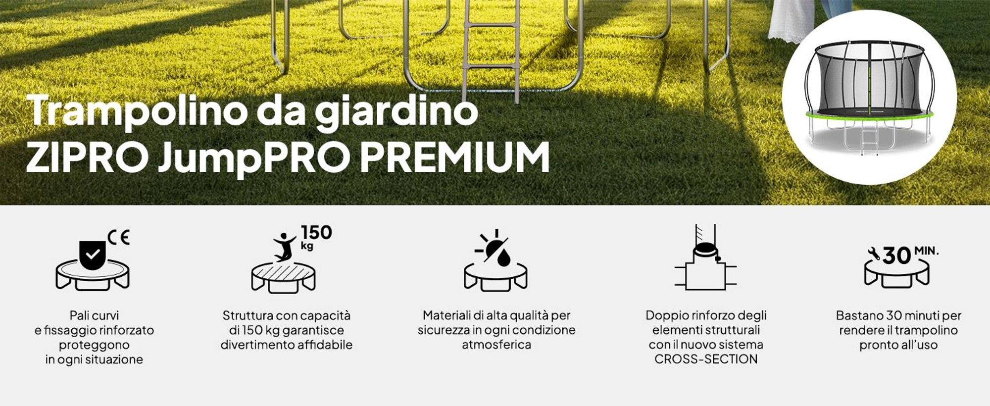 ZIPRO Trampolino Jump Pro Premium | 12FT Ø 374 cm | Trampolino da giardino Trampolino per bambini Set completo incl. rete, scaletta e copertura perimetrale, da esterno, verde