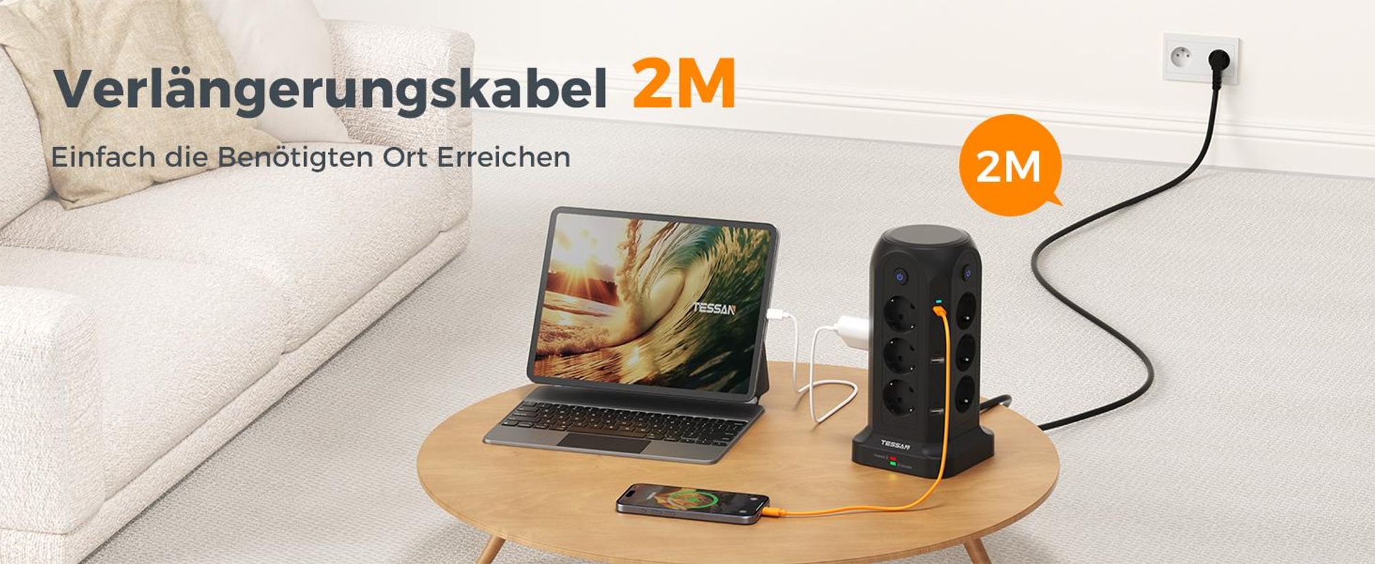 2M Verlängerungskabel mit Mehrfachstecker