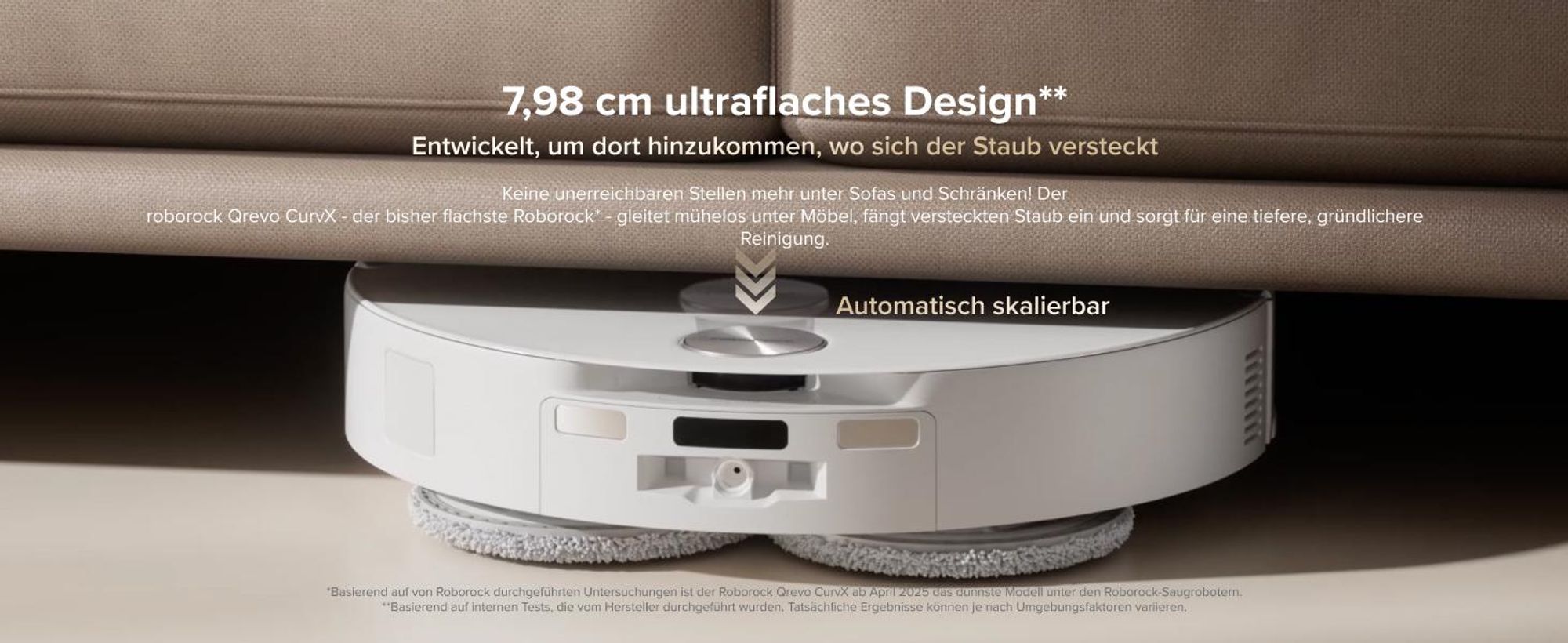 Roborock Qrevo CurvX Saugroboter mit Wischfunktion, 22.000Pa Saugkraft, 7,98 Ultra Slim, Dual Anti-Tangle-System, Reactive Al-Hinderniserkennung(Weiß)
