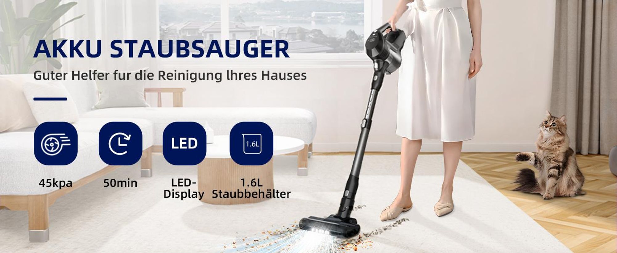 Aiibot 45000Pa Akku Staubsauger Bis zu 50 Min Laufzeit,Staubsauger Kabellos mit LED Touchscreen,8-Konische Zyklonsystem,Anti-Tangle-Bürste