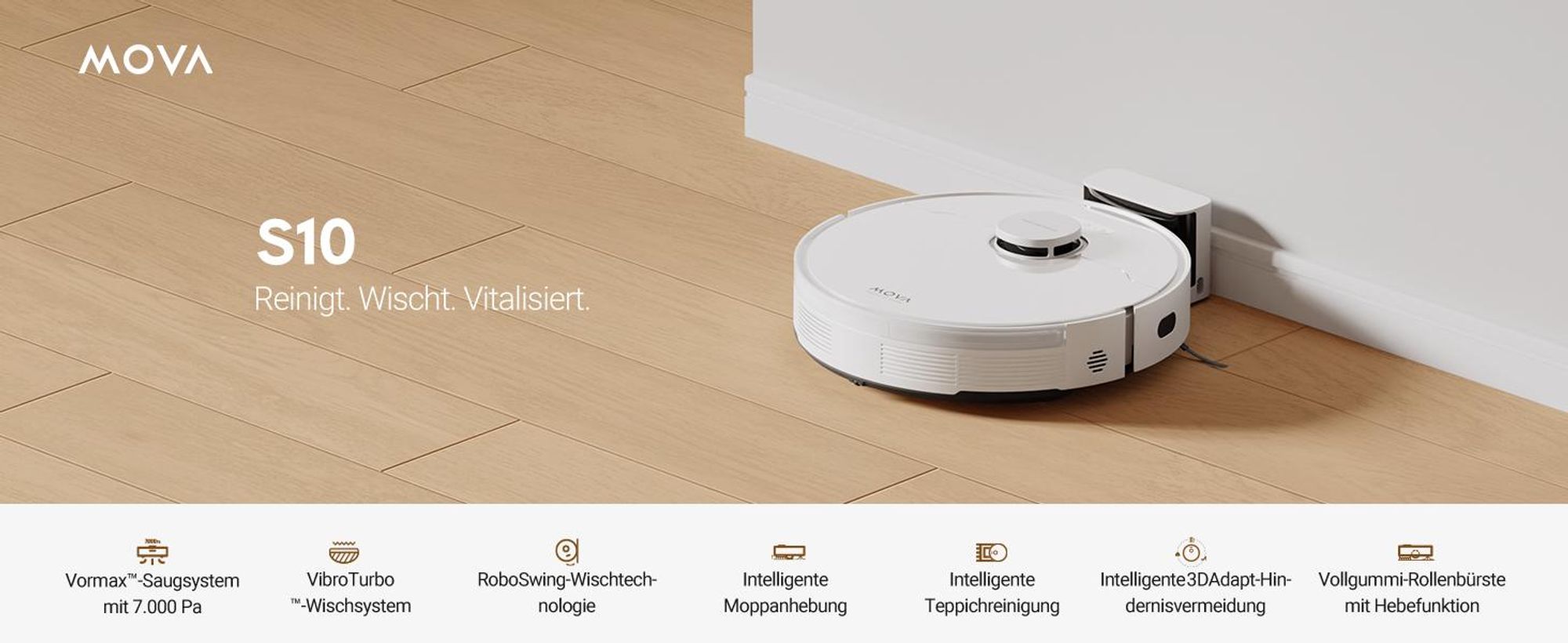 MOVA S10 Saugroboter, 7,000Pa Saugkraft, 3DAdapt-Hindernisvermeidung, 7 mm Moppanhebung
