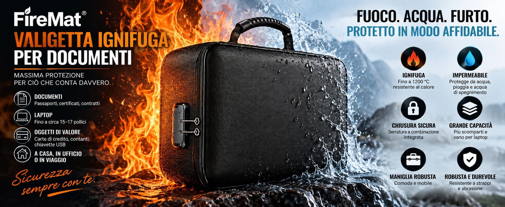 Valigetta ignifuga FireMat per documenti, laptop e oggetti di valore.