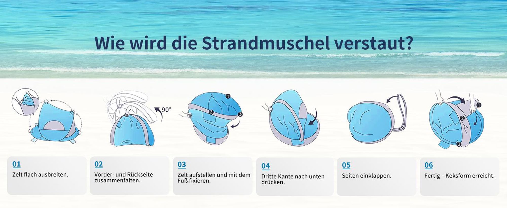 Duhome Strandmuschel Pop Up Strandzelt Wetter- und Sichtschutz Wurfzelt Tragbar UV40+ Pavillon 3 Personen für Camping Picknick, Dunkelblau