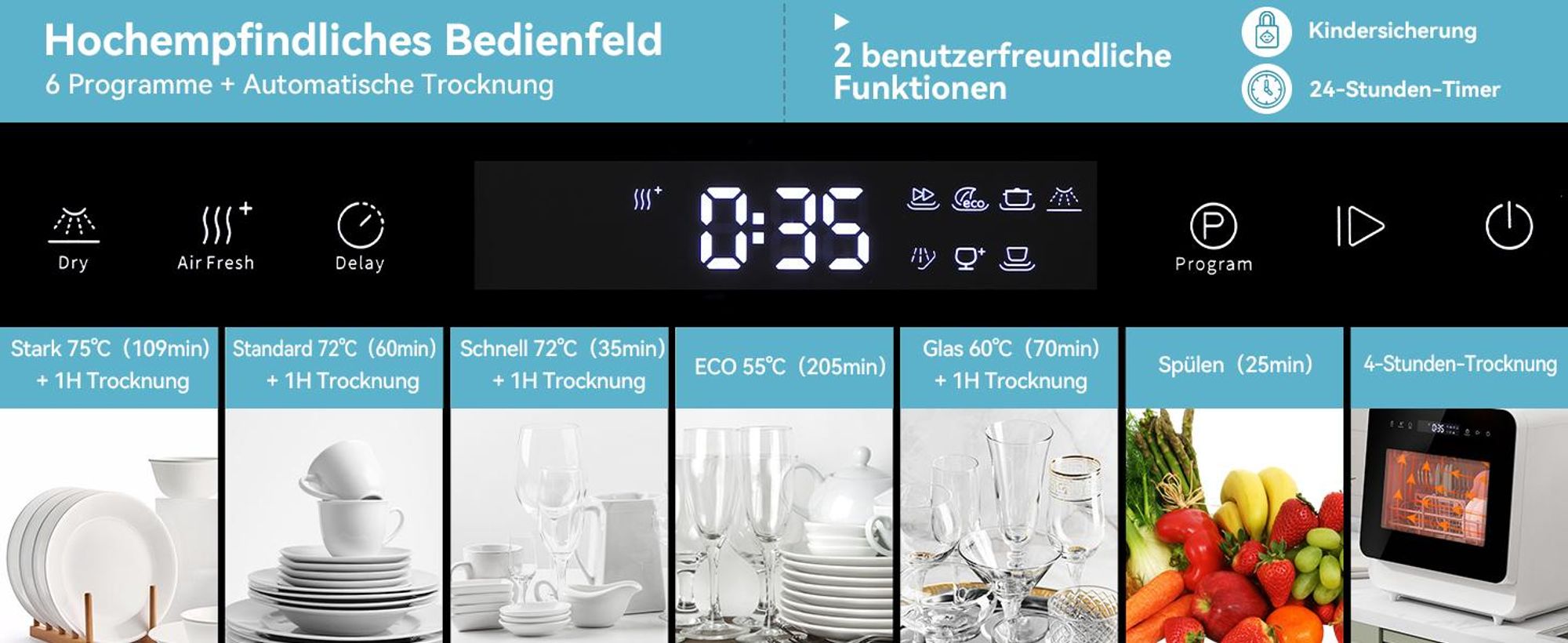 Puluomis Mini Geschirrspüler 45cm freistehend, Tischgeschirrspüler mit 6 Programme mit PTC Heißlufttrocknung, 24h Timer, 2-in-1 Wasserzufuhr schwarz