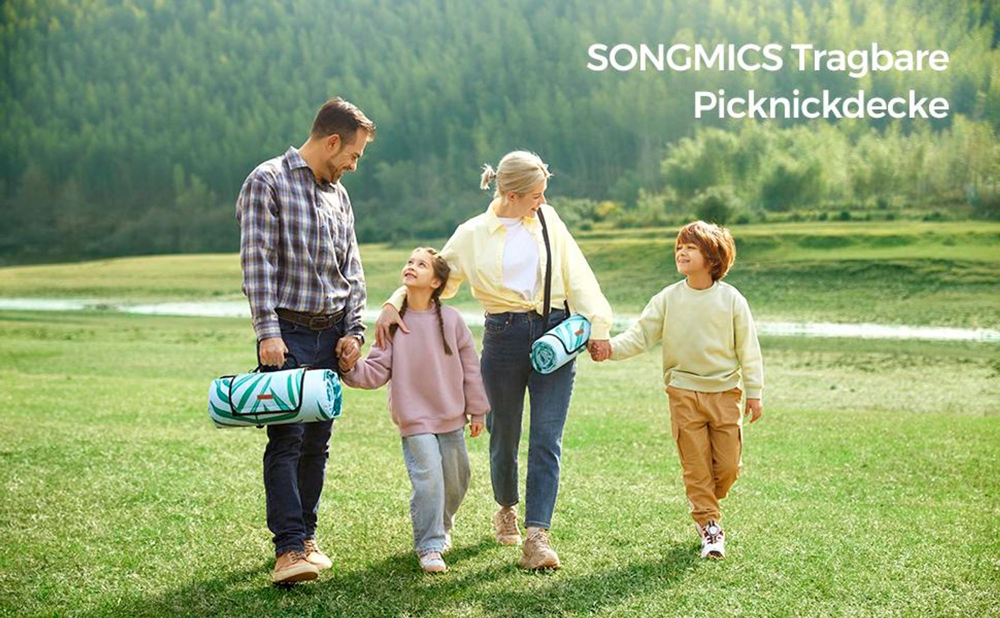 SONGMICS Picknickdecke, 200 x 200 cm, wasserdicht, maschinenwaschbar, hellblau mit tropischem Farn