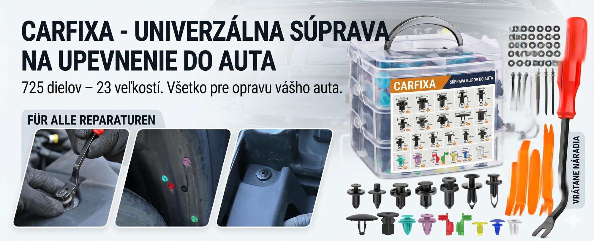 Univerzálna sada na upevňovanie do auta 725, upevňovacie spony do auta a náradie v 23 rôznych veľkostiach – CARFIXA