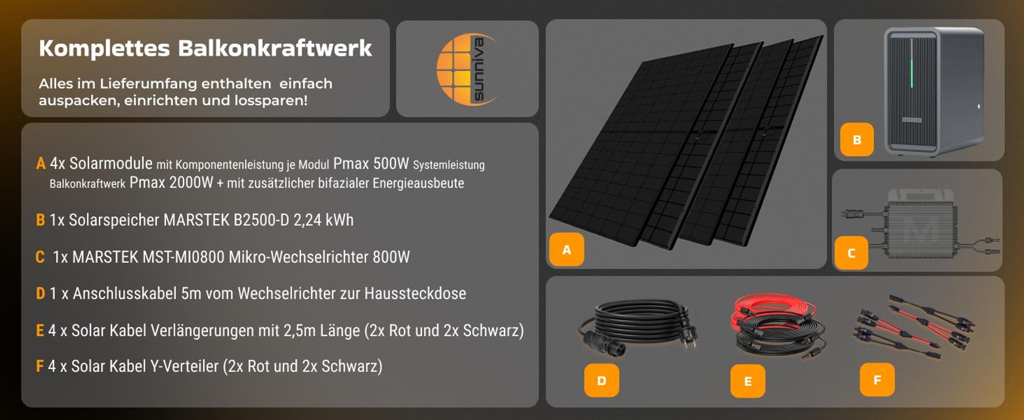 SUNNIVA® 2000W Balkonkraftwerk mit 2,24 kWh Speicher MARSTEK B2500-D, 4x 500W BIFAZIAL FULLBLACK komplett Steckdose, PV Solaranlage + Solarspeicher