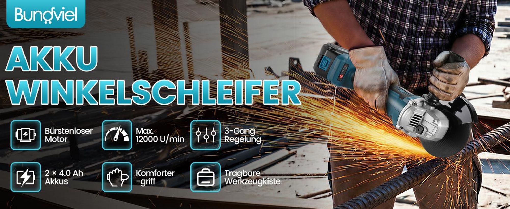 Akku Winkelschleifer 125 mm Bürstenlos Winkelschleifer 12000W mit 2x 4000 mAh Akku, 10000 U/min Winkelschleifer Set für Präzises Trennen und Schleifen